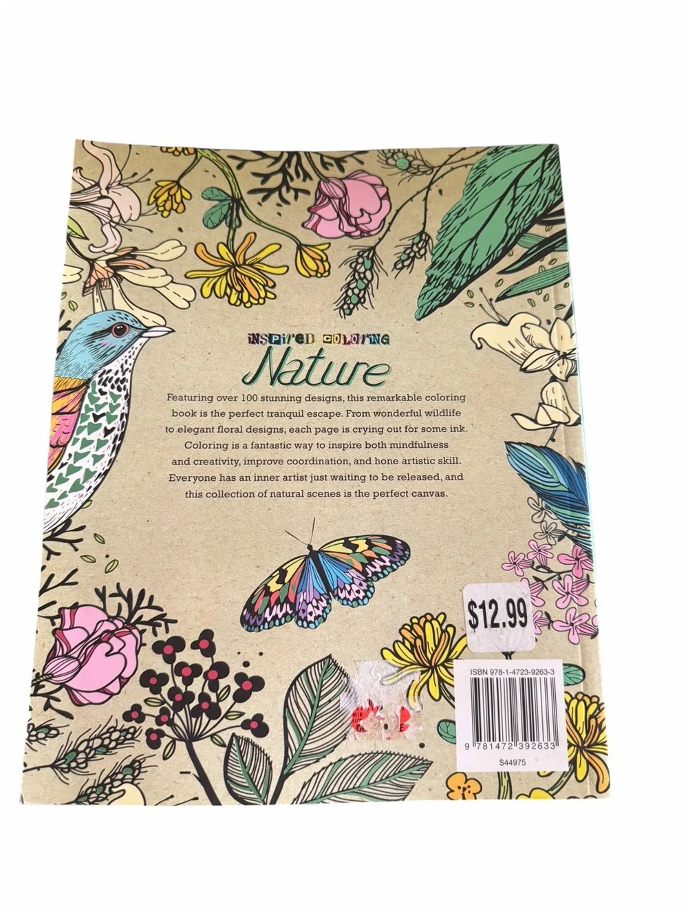 Nature Coloring Book - Floral & Bird Cover (Beige, Green, Pink, Yellow, Blue)